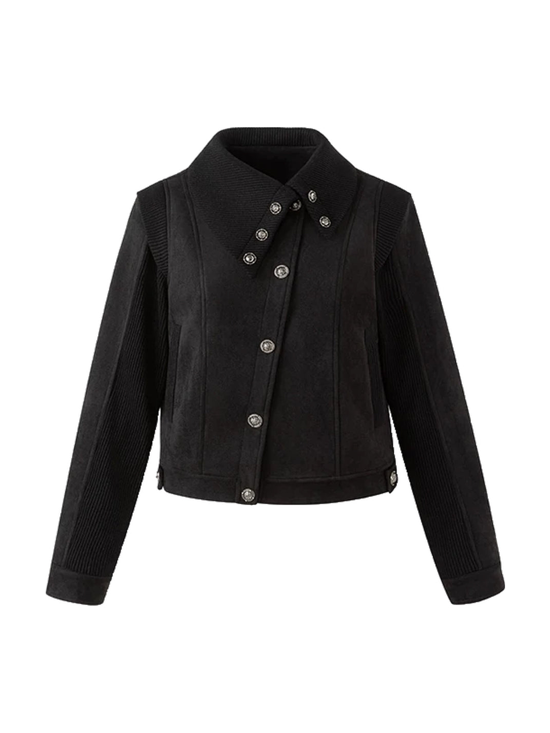 Ribbed Notched Collar Cropped Button Jacket - front view