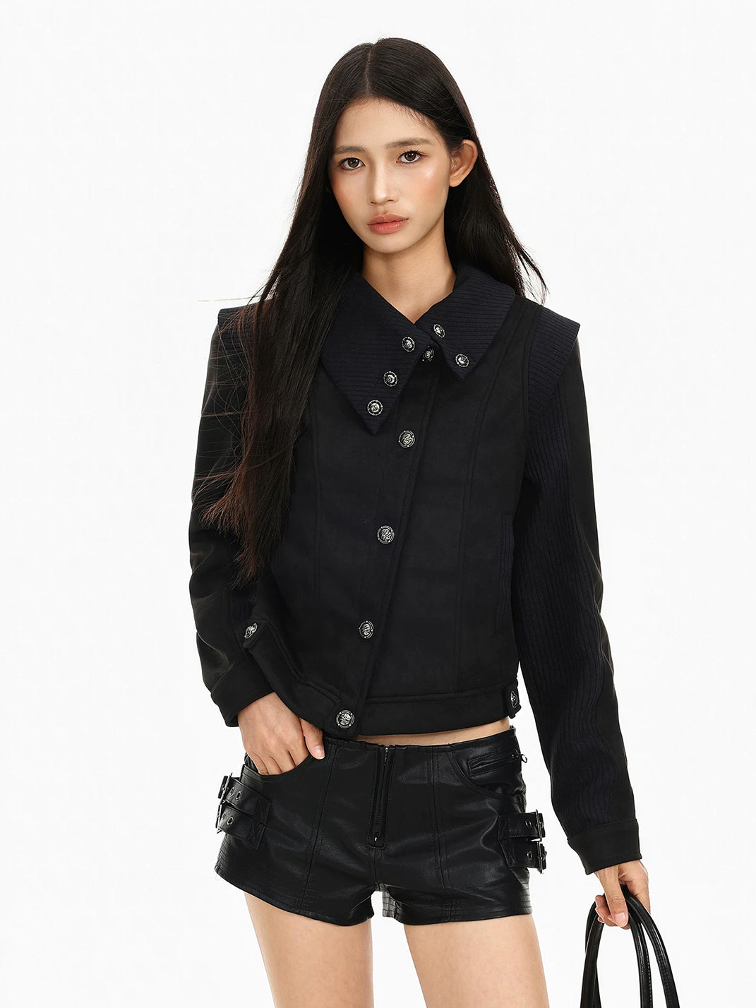 Ribbed Notched Collar Cropped Button Jacket - product view 5