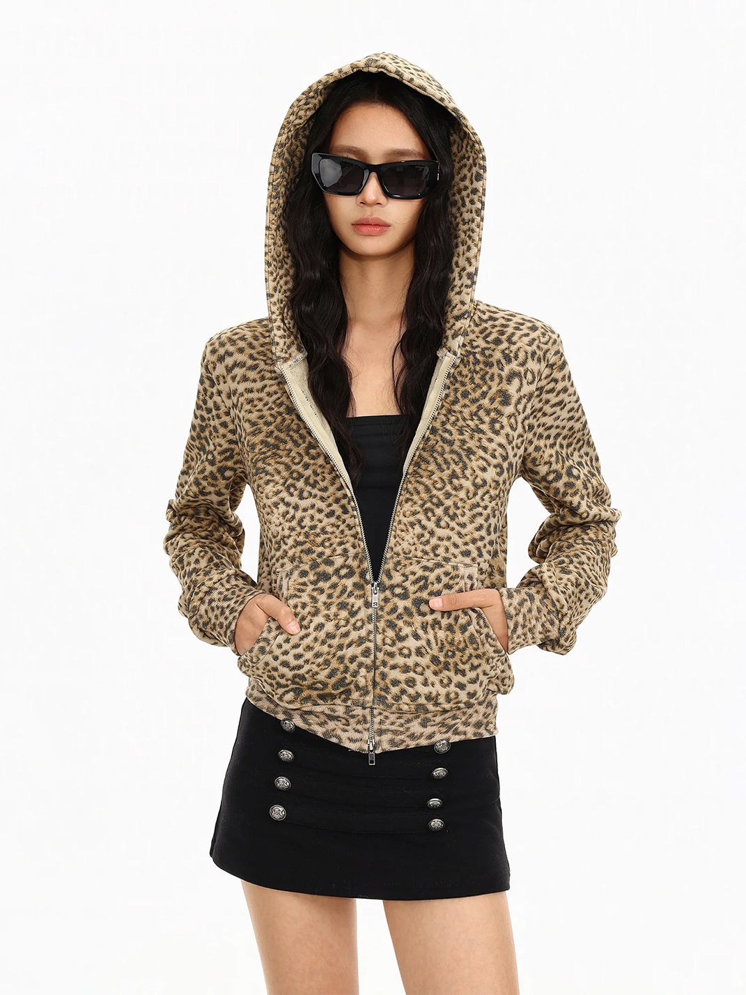 Leopard Cotton Pocket Hooded Zip Jacket - product view 1