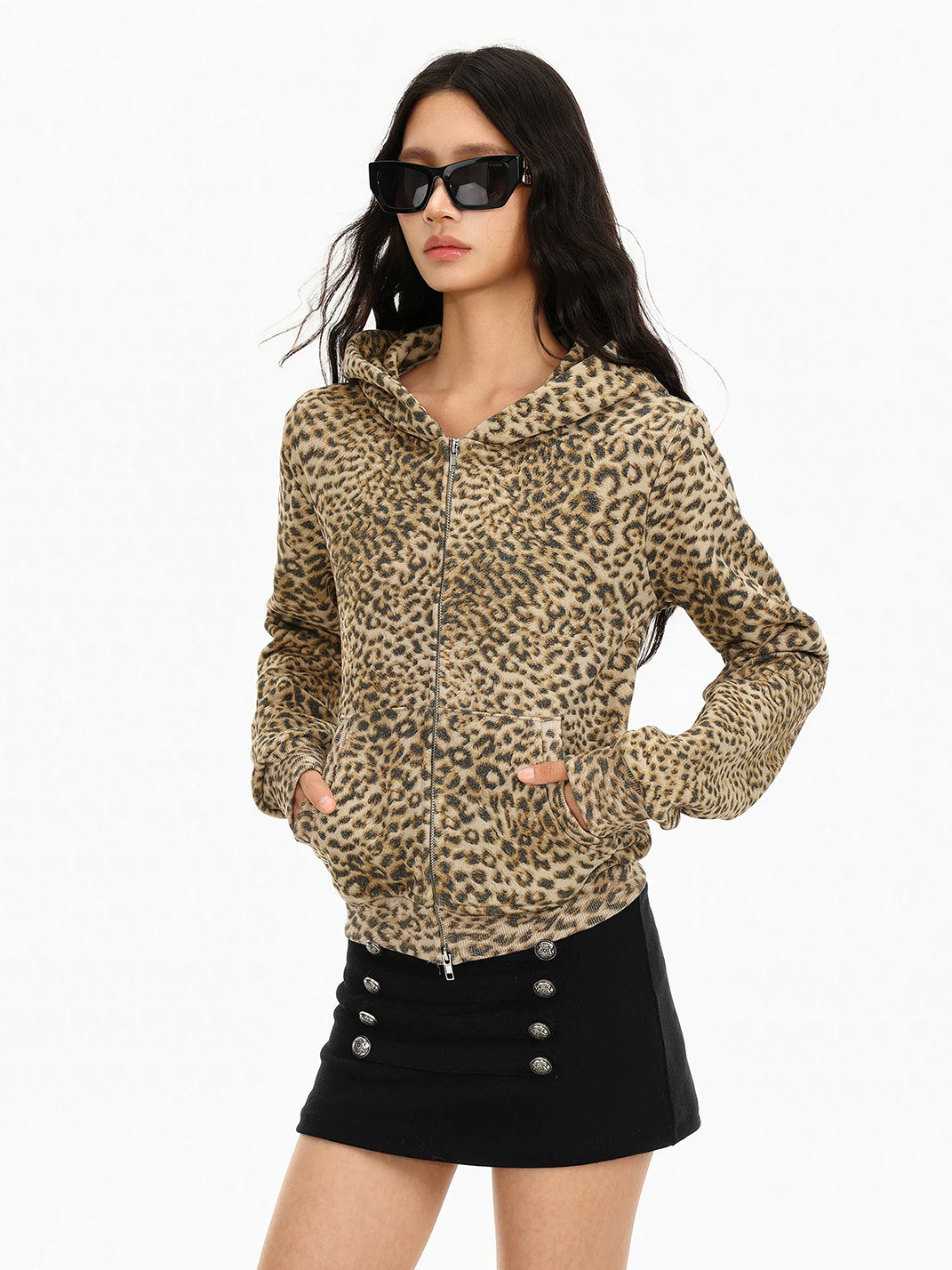 Leopard Cotton Pocket Hooded Zip Jacket - product view 4