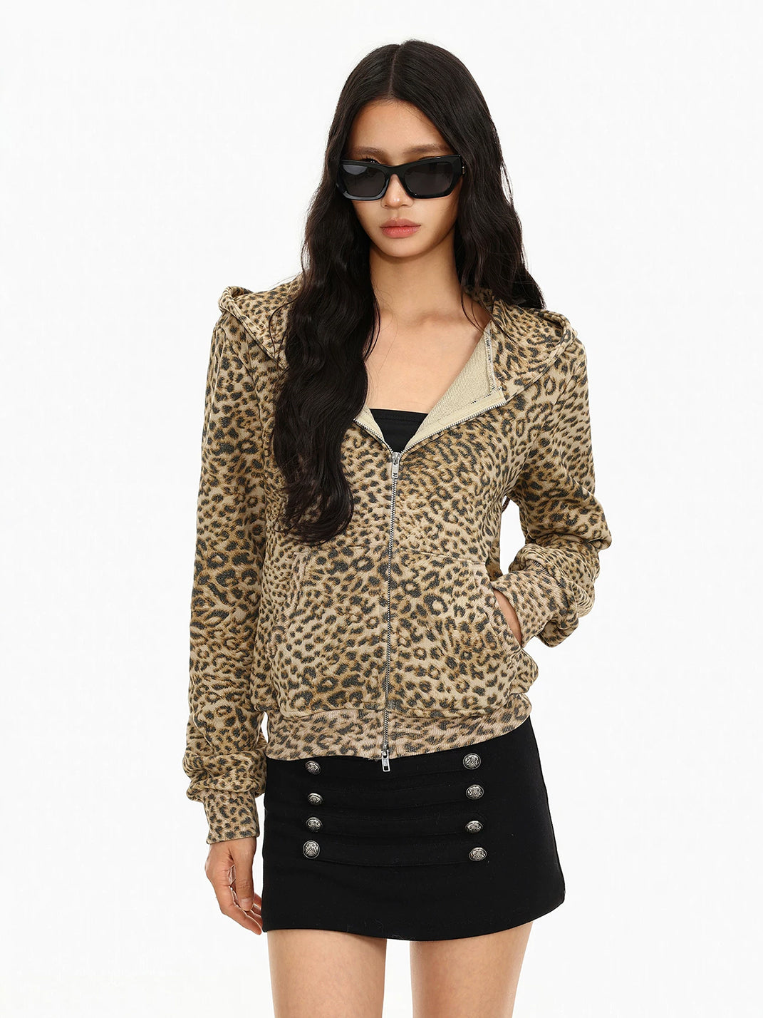 Leopard Cotton Pocket Hooded Zip Jacket - product view 5
