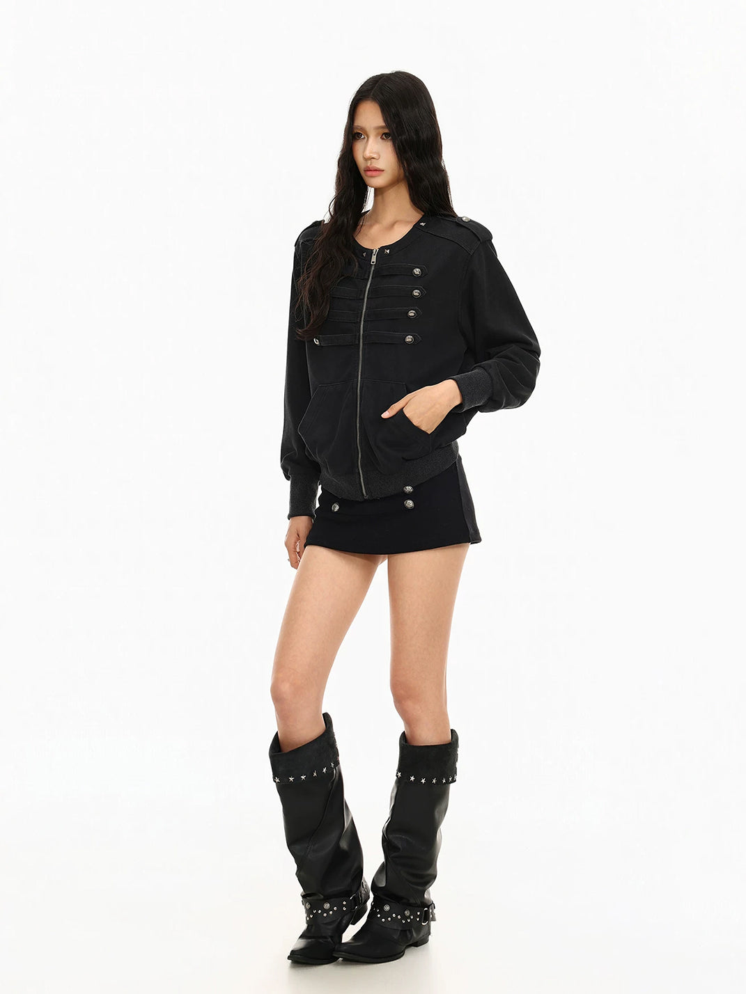 Round Neck Button Detail Zip Jacket - product view 10