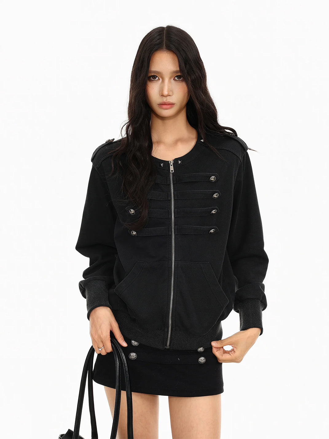Round Neck Button Detail Zip Jacket - product view 2