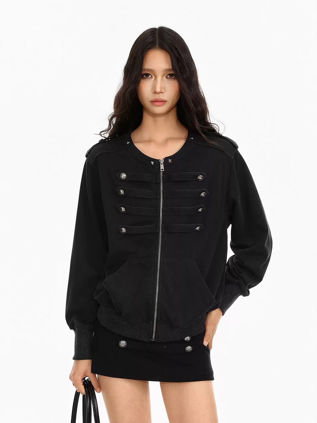 Round Neck Button Detail Zip Jacket - product view 3