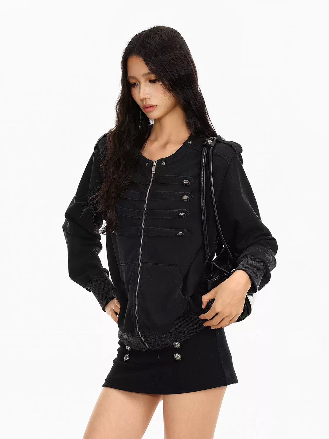 Round Neck Button Detail Zip Jacket - product view 4