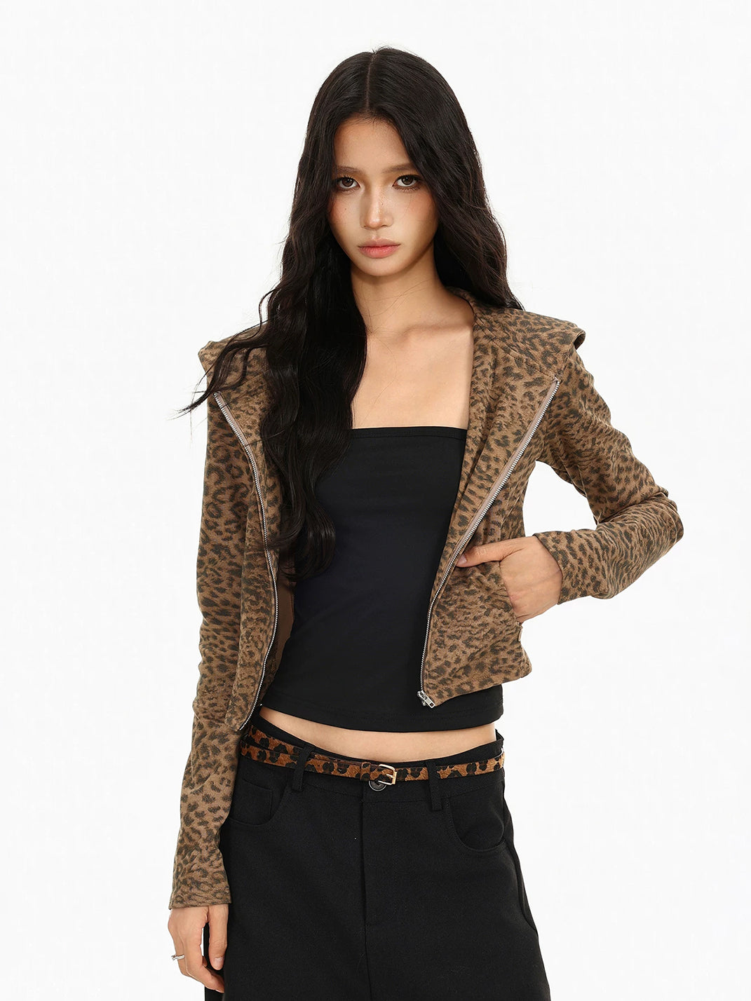 Fitted Leopard Print Cropped Zip Jacket - product view 4