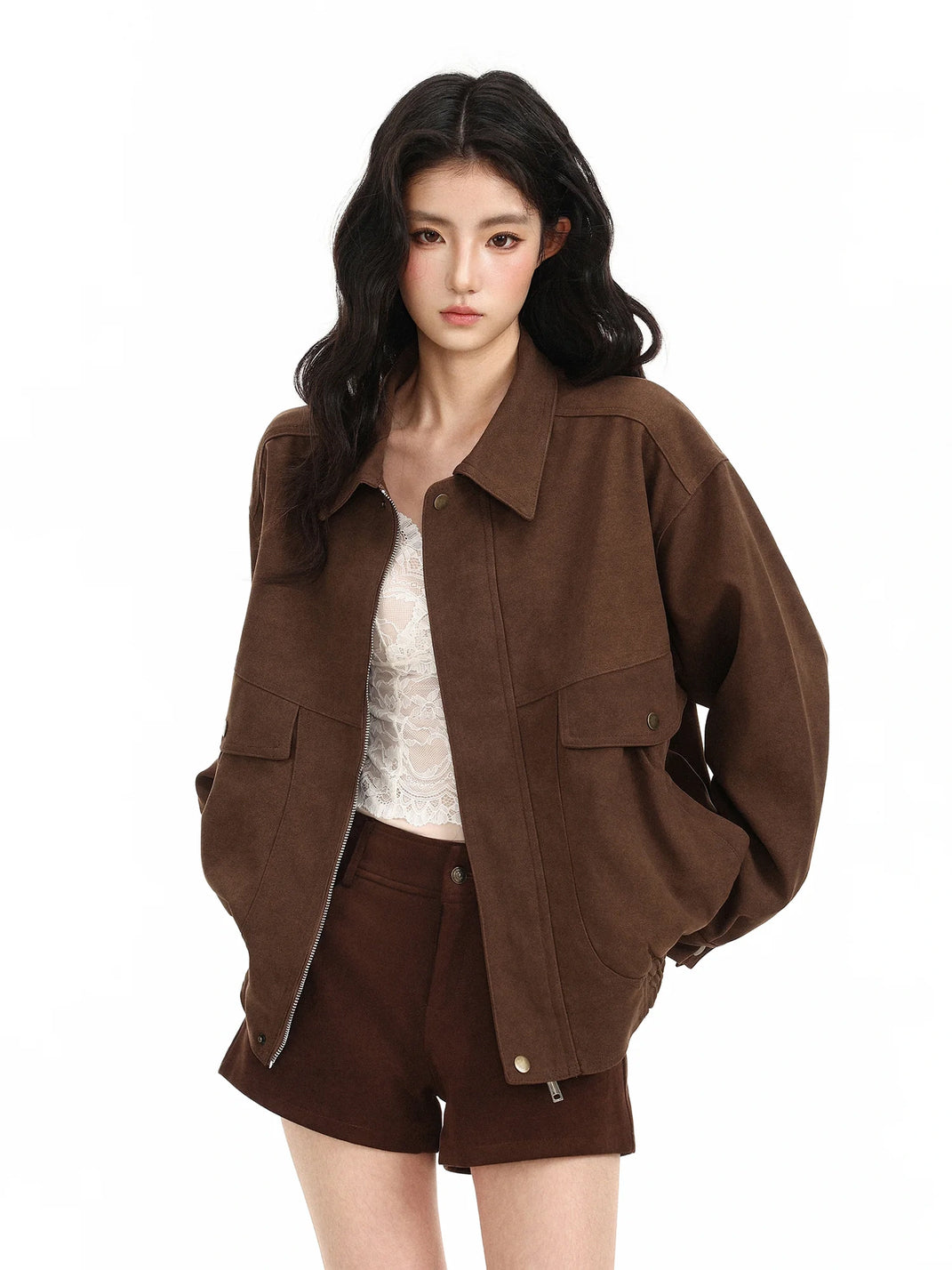 Faux Suede Collared Utility Pocket Jacket - product view 2