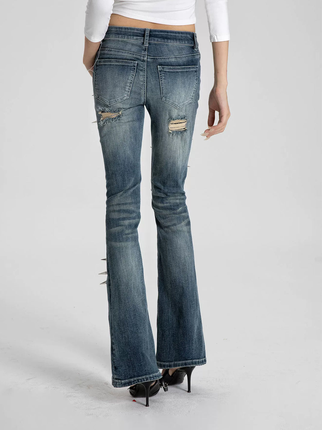Spike Trim Distressed Blue Flare Jeans - view 4