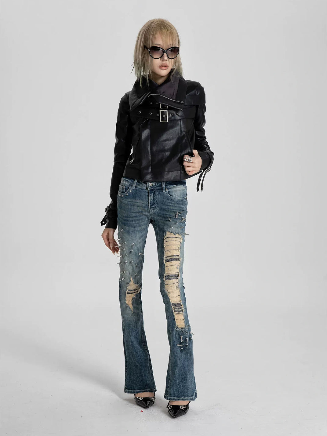 Spike Trim Distressed Blue Flare Jeans - view 5
