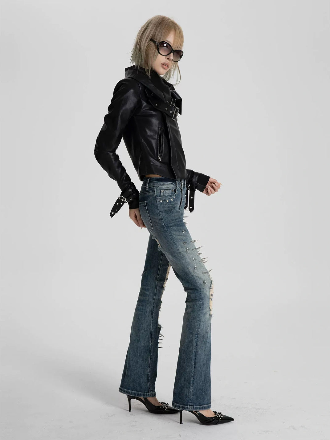 Spike Trim Distressed Blue Flare Jeans - view 6