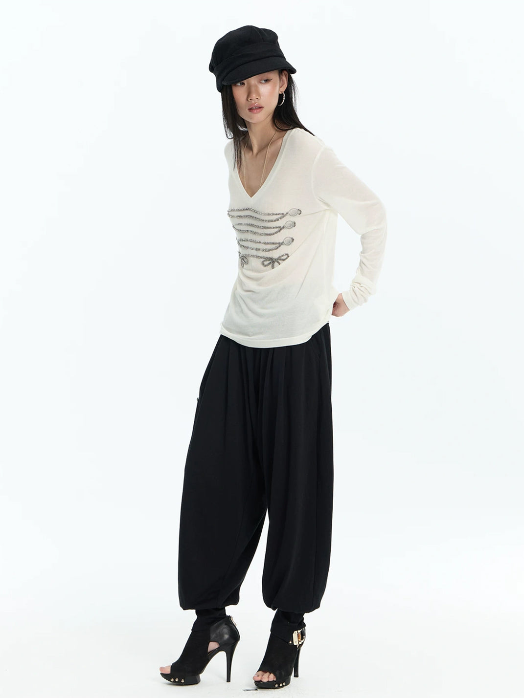 Contrast Waist Knotted Harem Trousers - product view 3