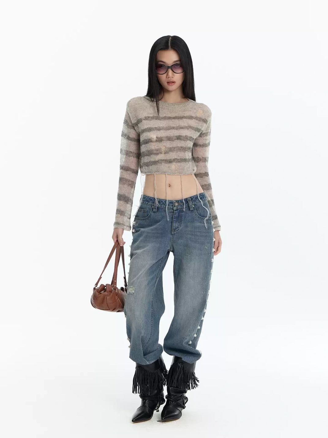 Pearl Flower Side Trim Flare Jeans - product view 3