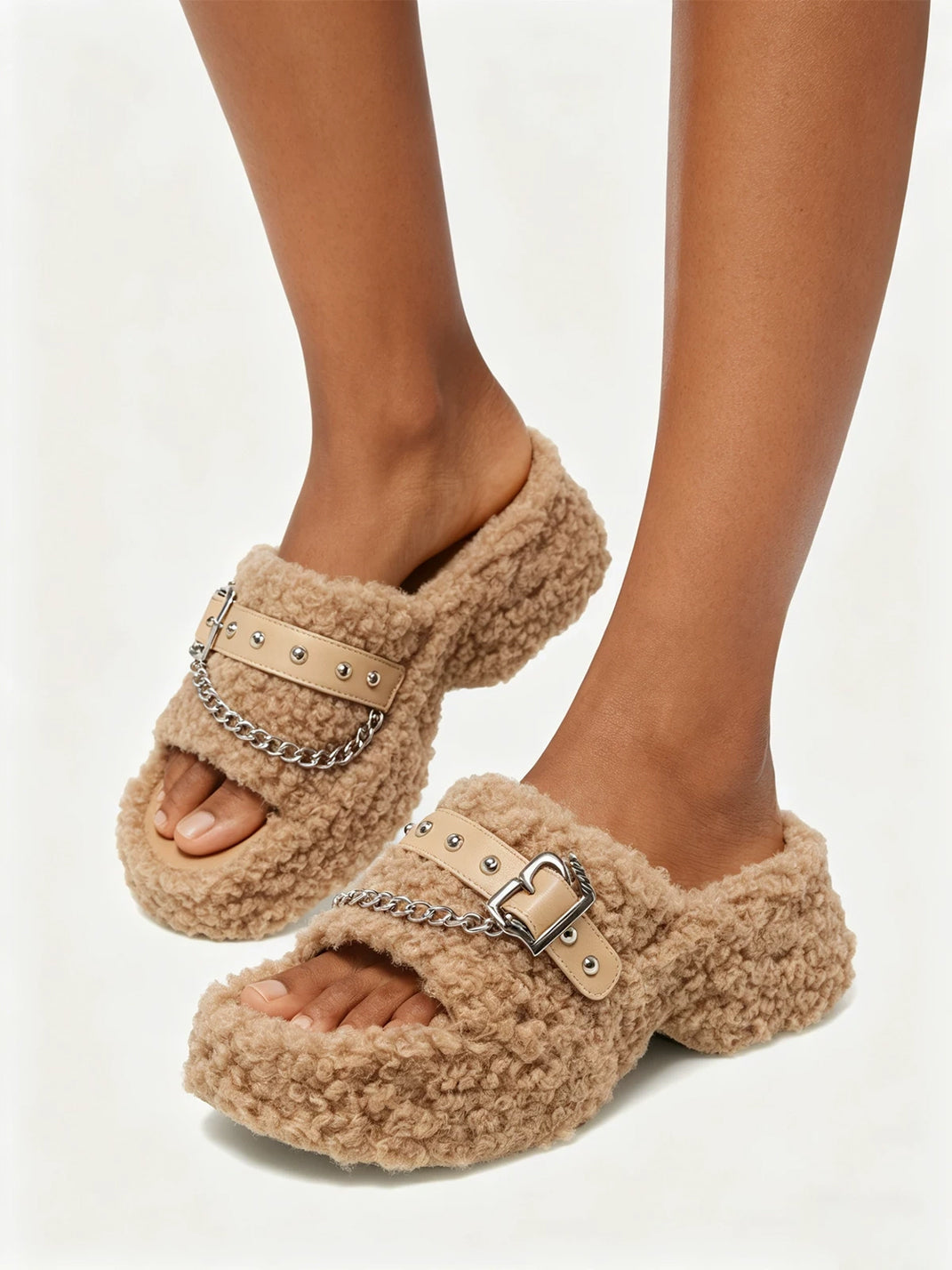 Chain Trim Buckled Platform Slide Sandals - 5