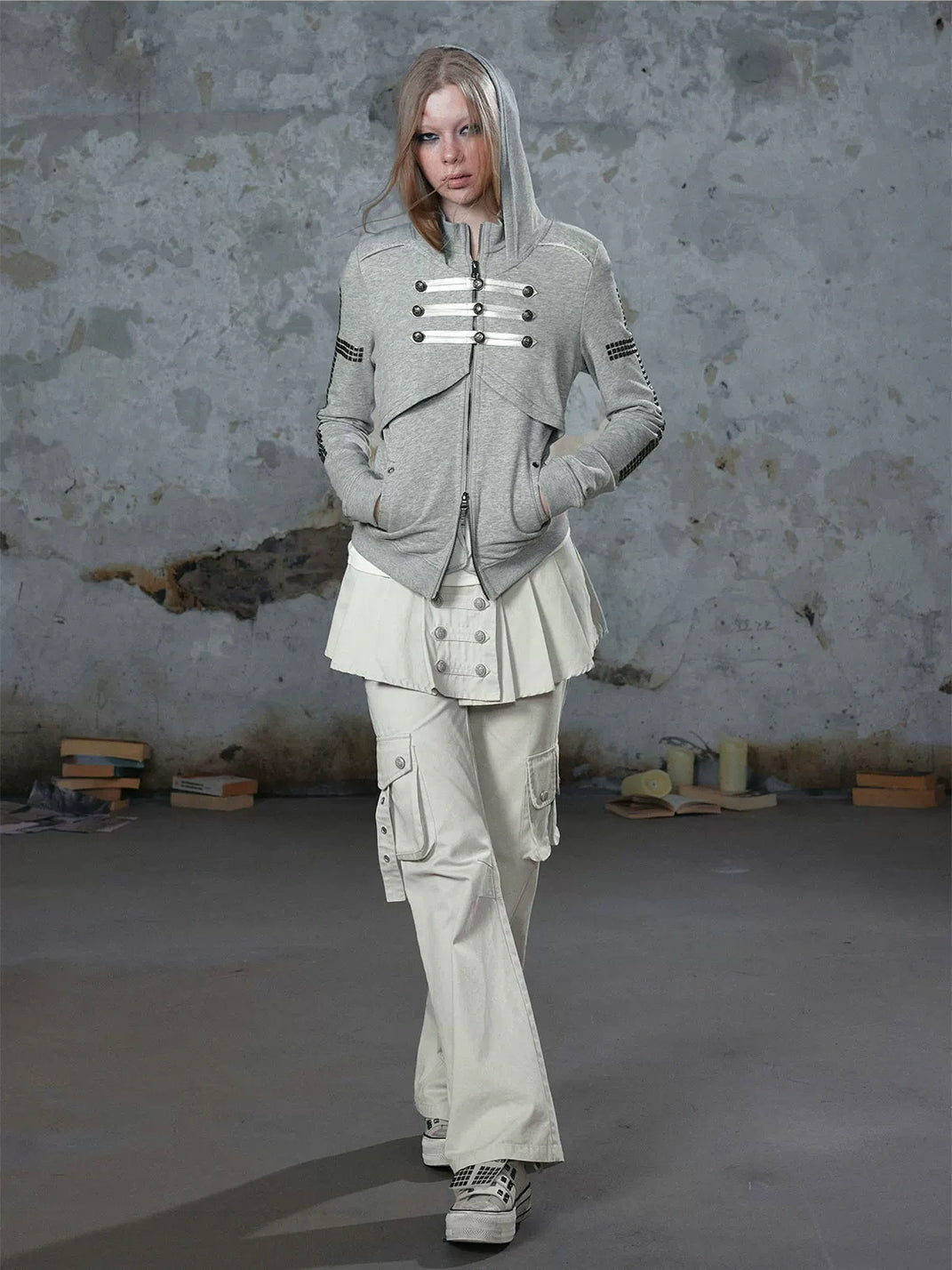 Military Button Studded Cotton Zip Hoodie - product view 12
