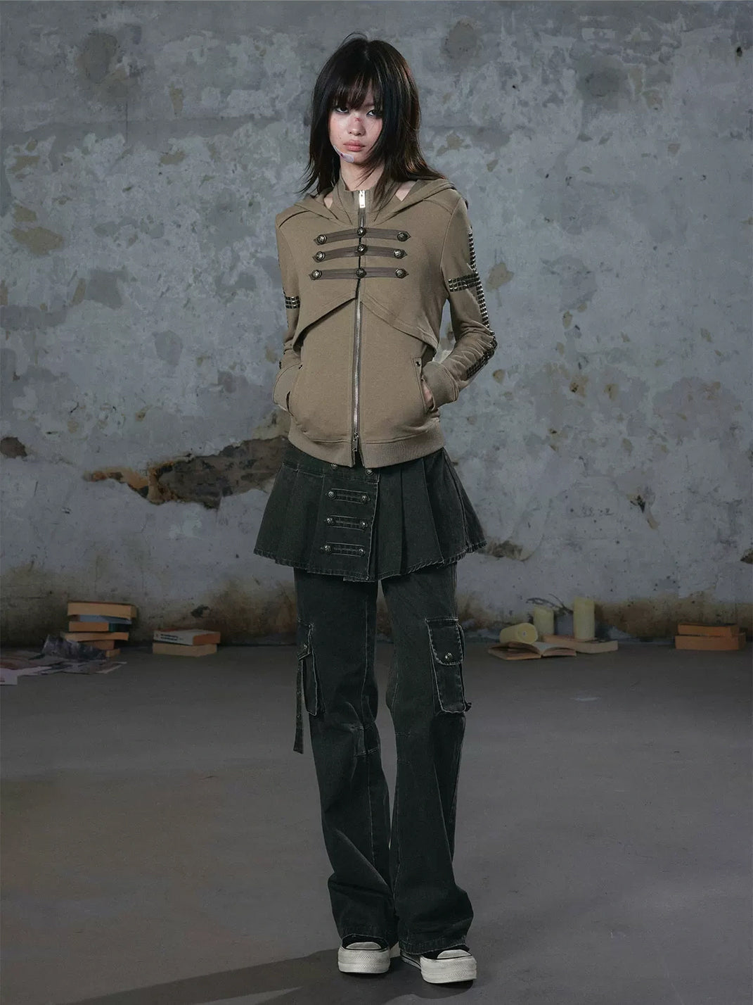 Military Button Studded Cotton Zip Hoodie - product view 3