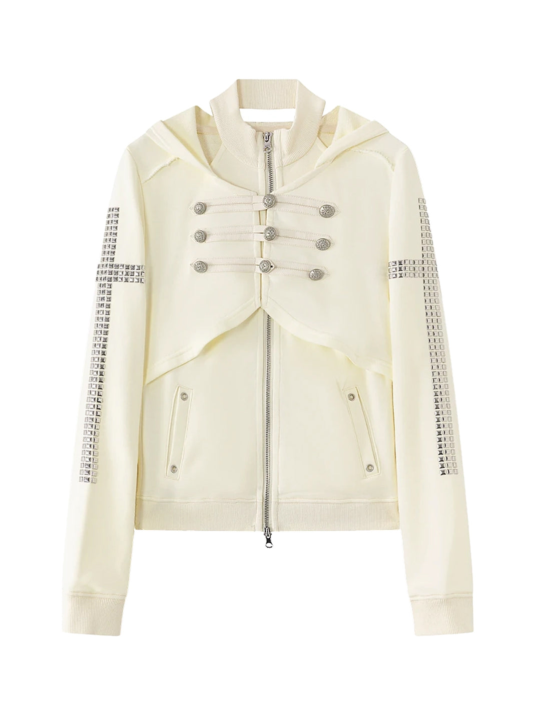 Military Button Studded Cotton Zip Hoodie - product view 5