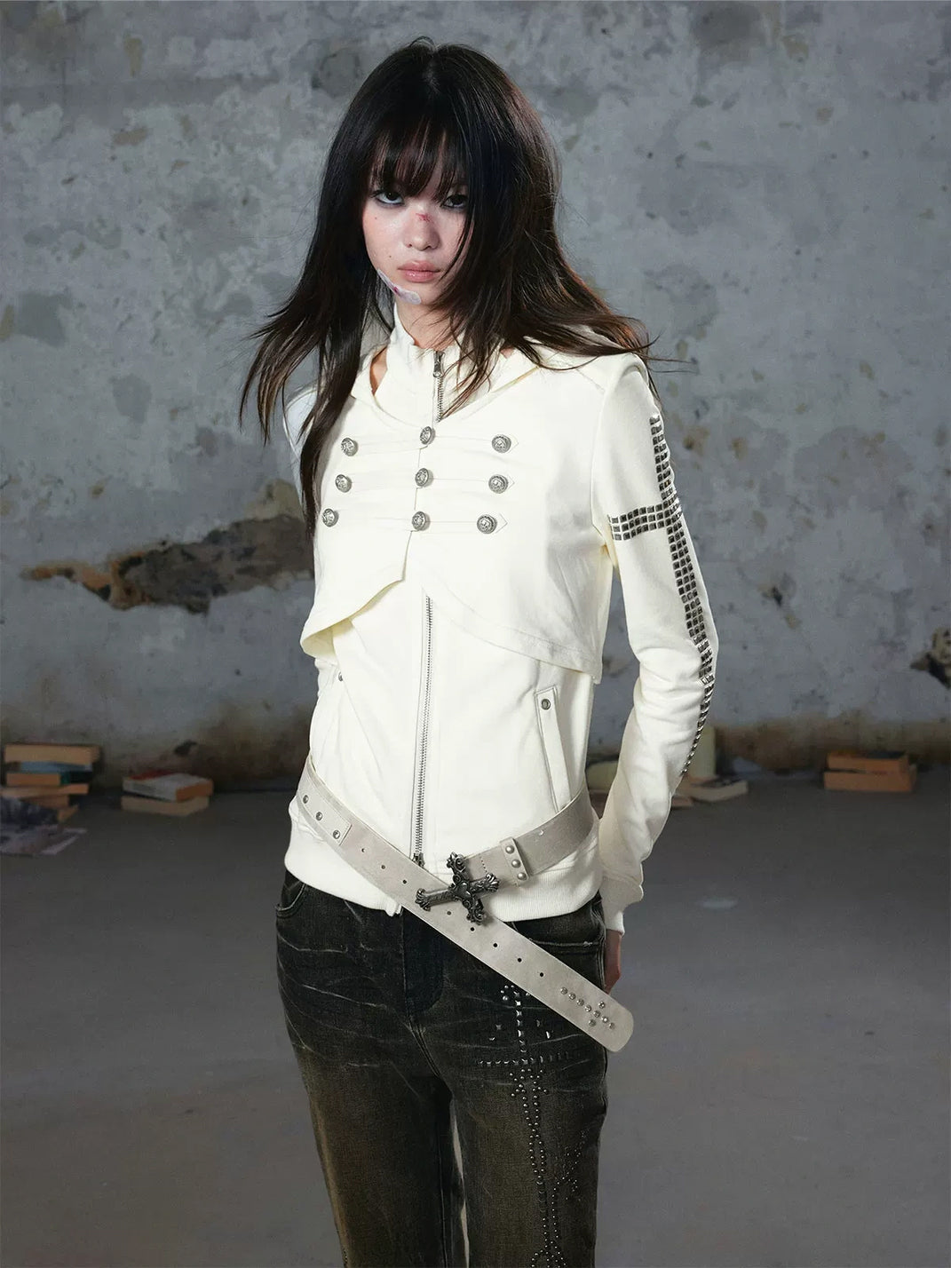 Military Button Studded Cotton Zip Hoodie - product view 6