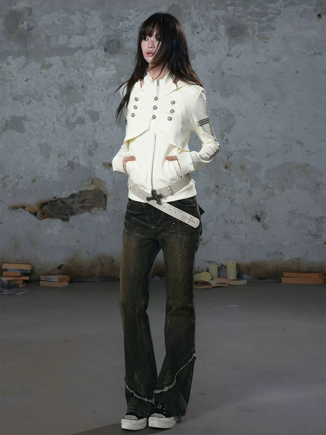 Military Button Studded Cotton Zip Hoodie - product view 7