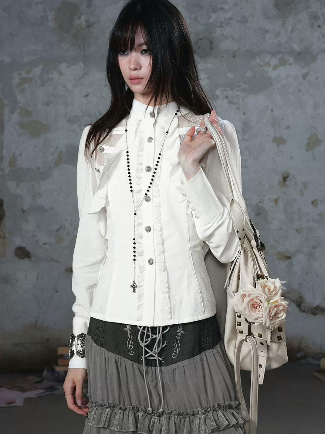 Ruffled Lace Panel Corset Back Shirt - view 4