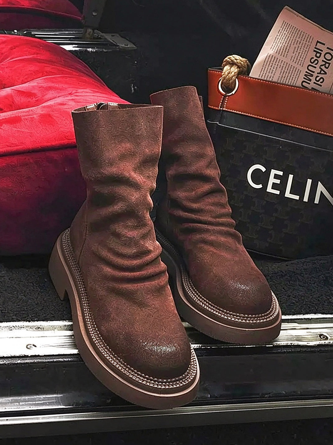 Slouch Shaft Nubuck Platform Ankle Boots - 7