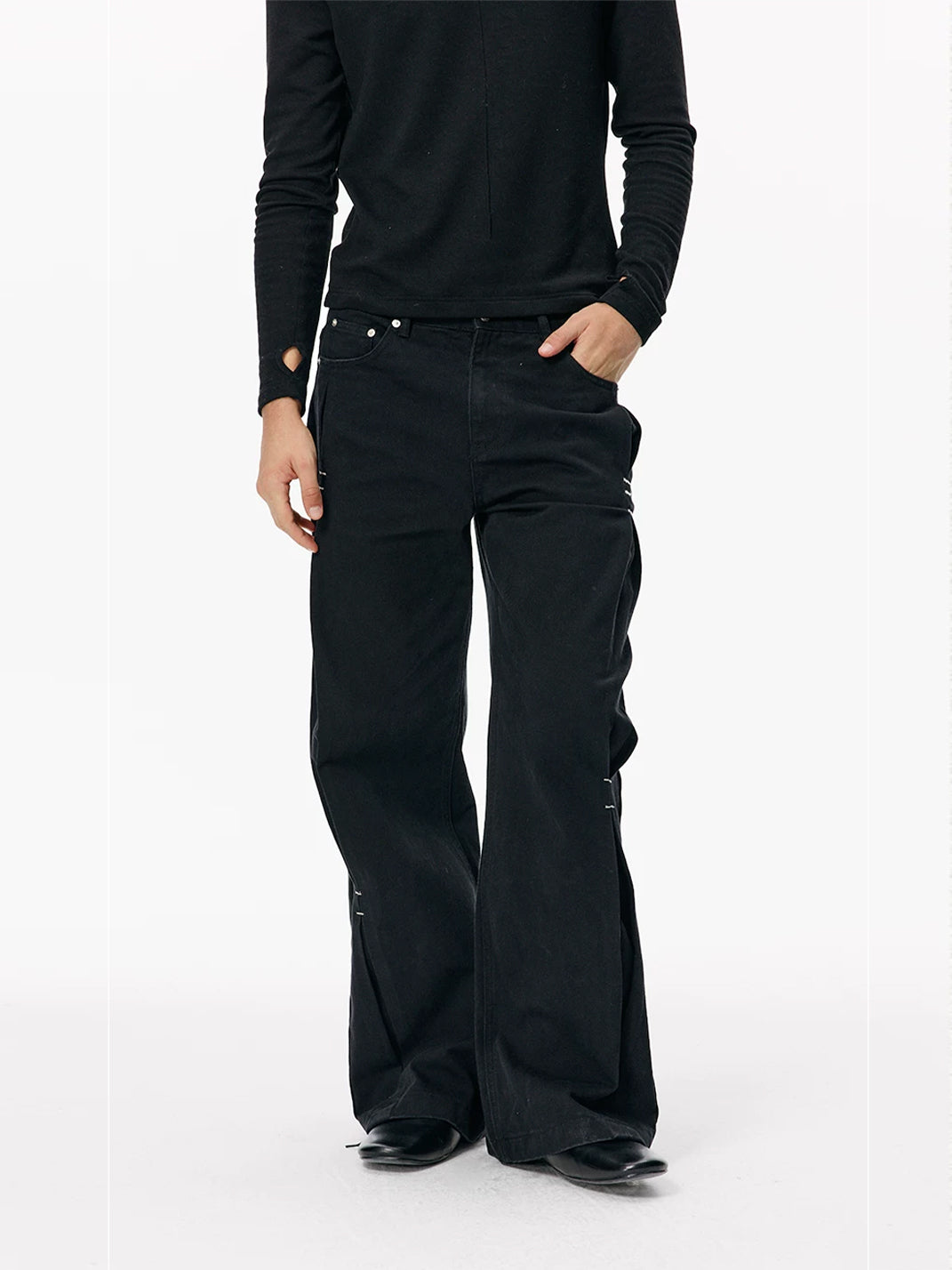 Side Pleat Bar Tack Flared Jeans - view 2