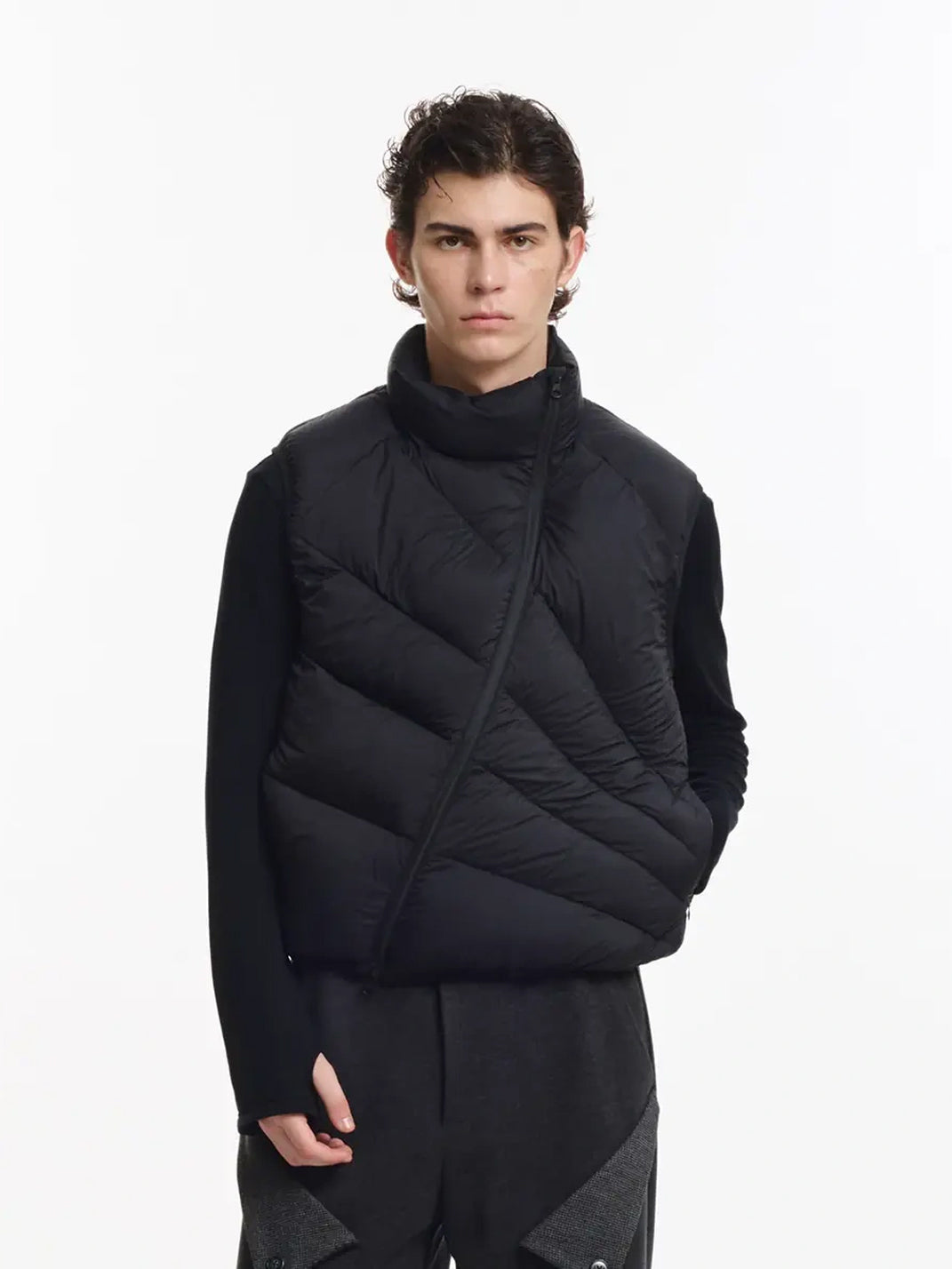 Diagonal Quilt Asymmetric Zip Down Vest - product view 1