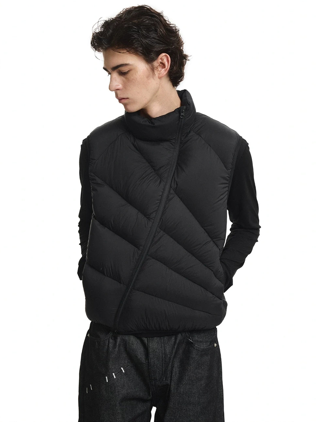 Diagonal Quilt Asymmetric Zip Down Vest - product view 2