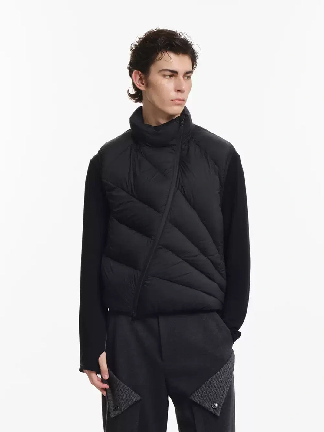 Diagonal Quilt Asymmetric Zip Down Vest - product view 3
