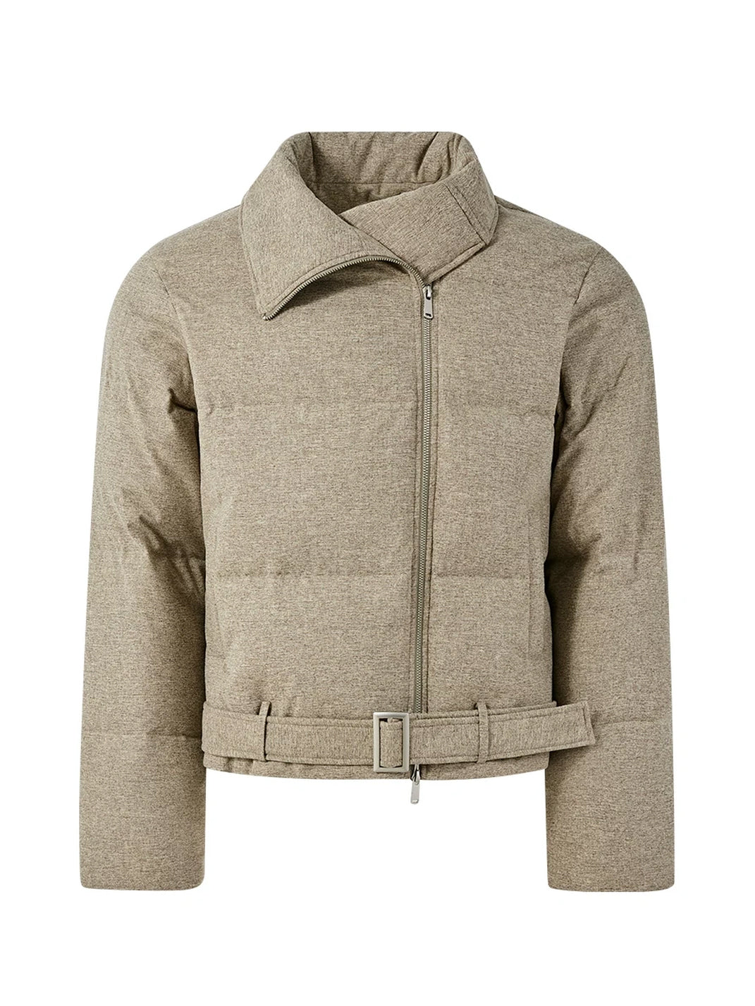 Belted Asymmetric Zip Quilted Down Jacket - front view