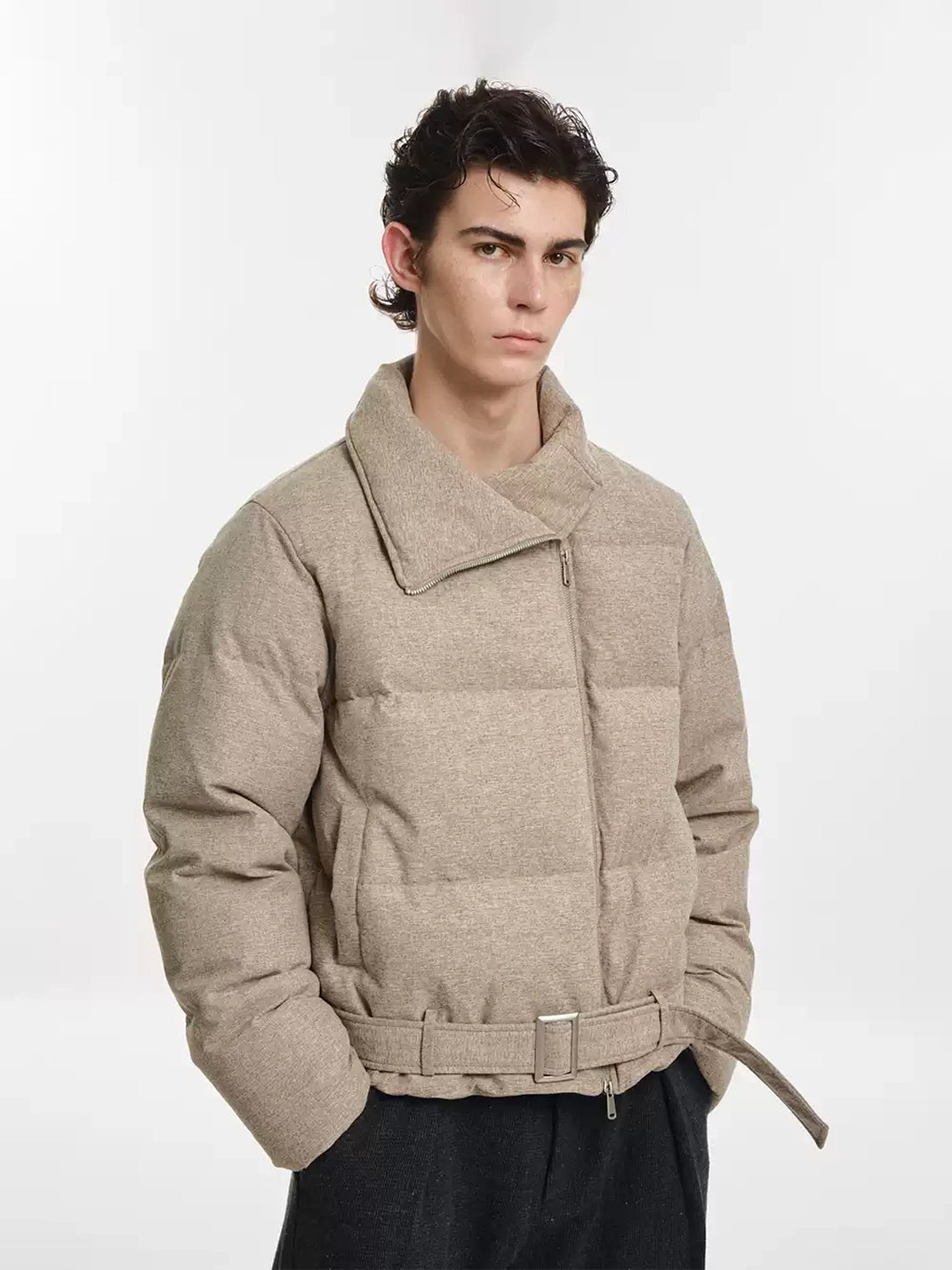 Belted Asymmetric Zip Quilted Down Jacket - product view 2