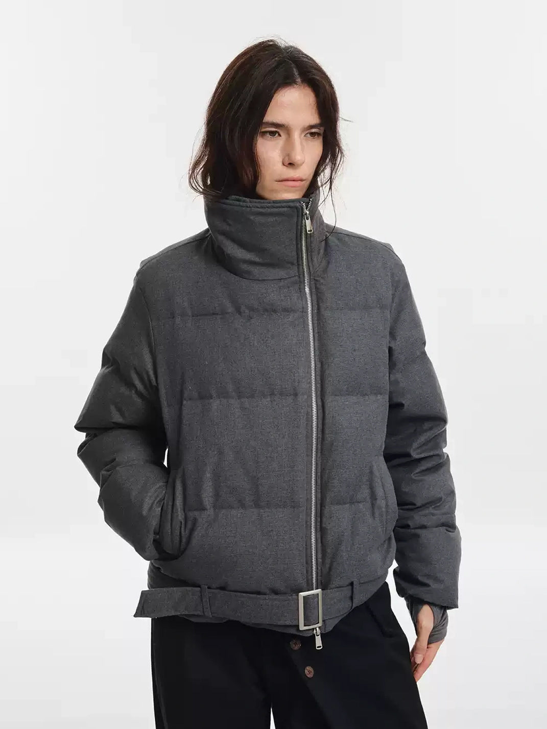 Belted Asymmetric Zip Quilted Down Jacket - product view 7