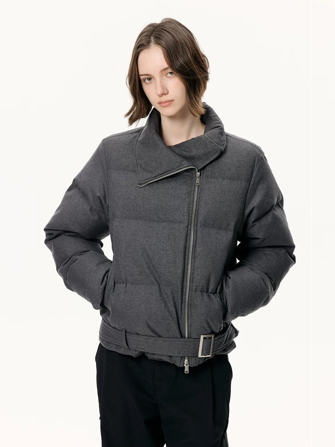 Belted Asymmetric Zip Quilted Down Jacket - product view 9