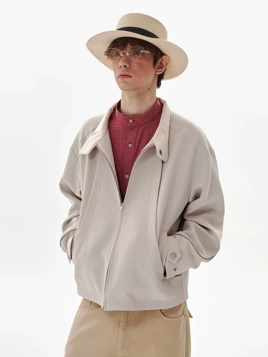 Curved Panel Cropped Stand Collar Jacket - product view 4
