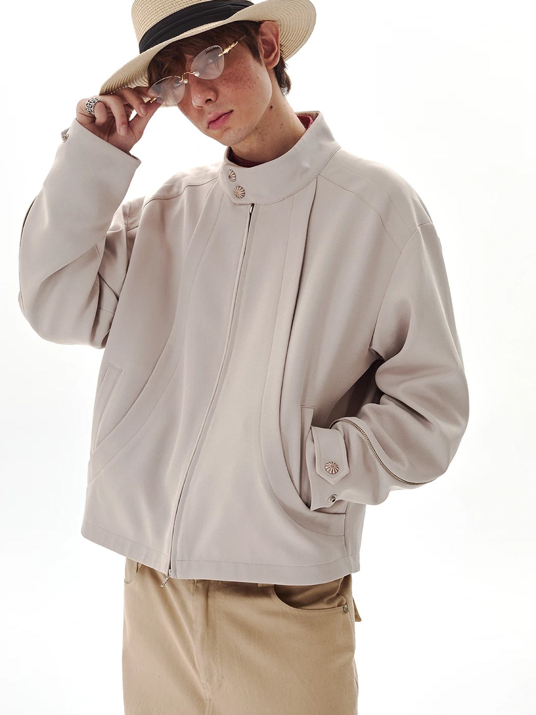 Curved Panel Cropped Stand Collar Jacket - product view 5
