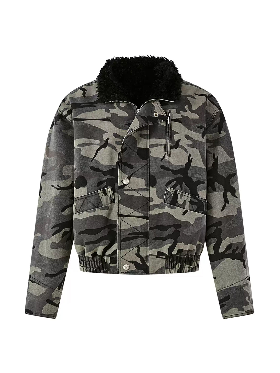 Camouflage Cropped Jacket With Plush Collar - front view