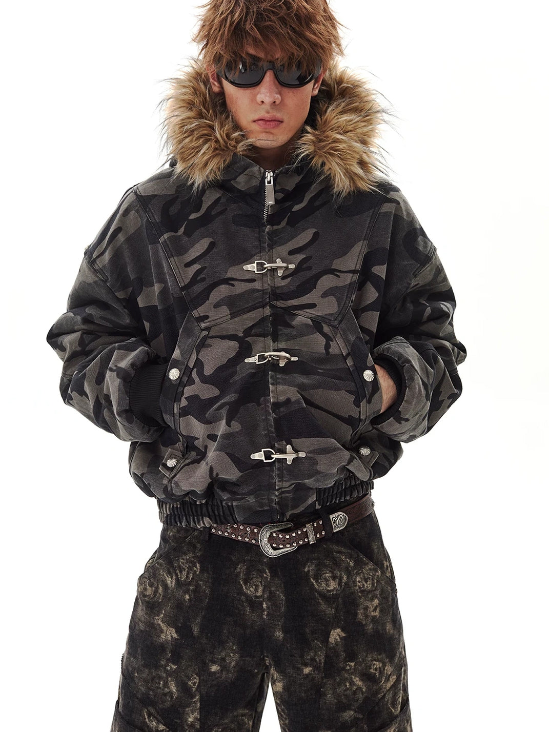 Faux Fur Hood Camouflage Cropped Jacket - product view 5
