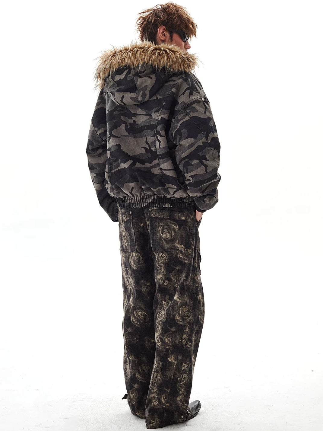 Faux Fur Hood Camouflage Cropped Jacket - product view 8