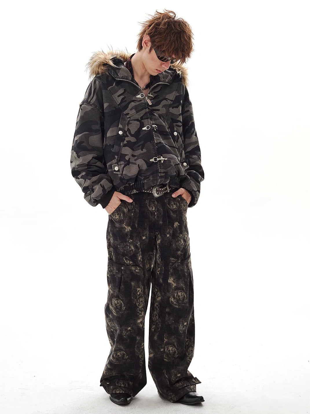 Faux Fur Hood Camouflage Cropped Jacket - product view 9