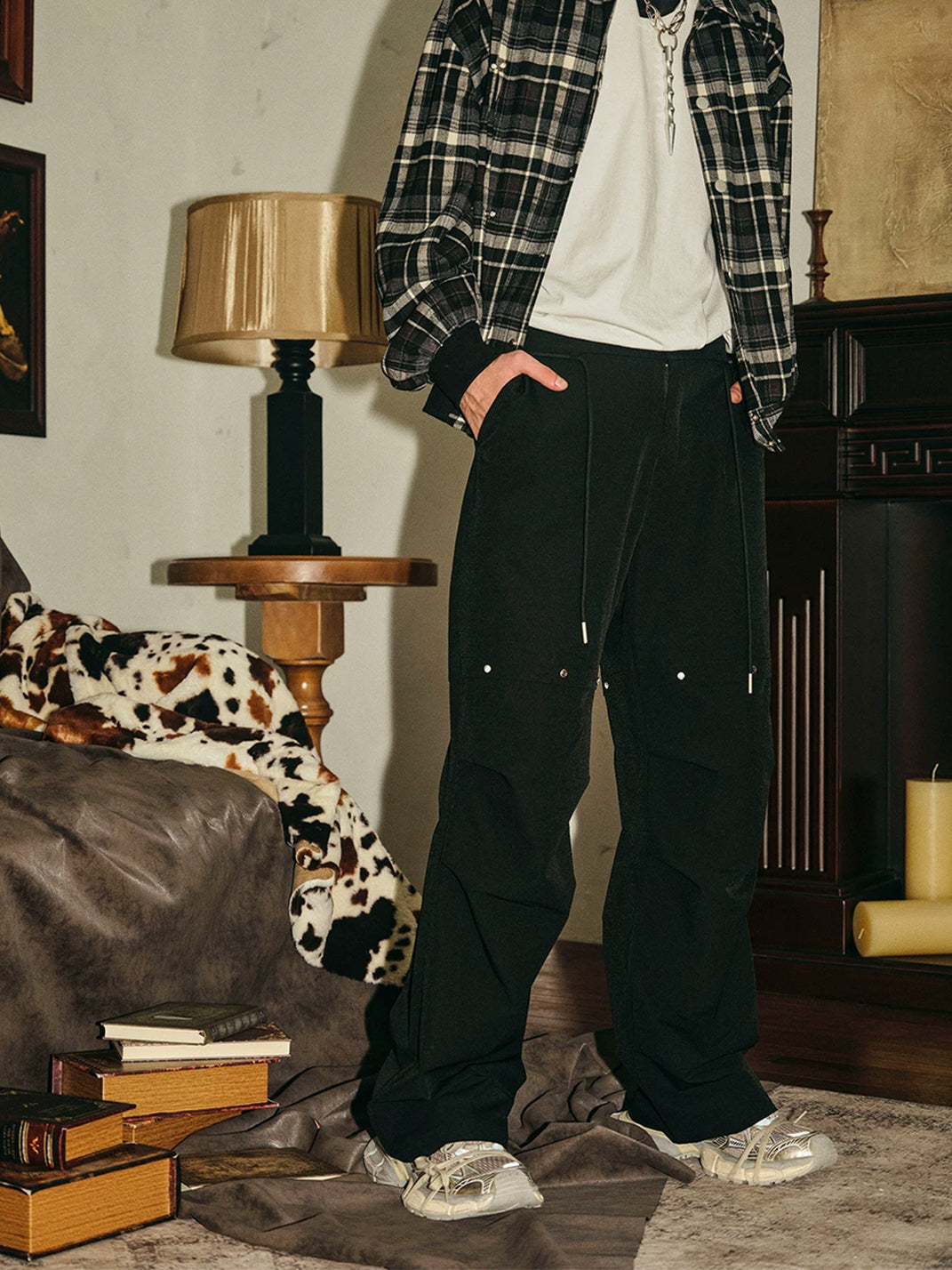 Black Gem Stud Parachute Trousers - product view 6