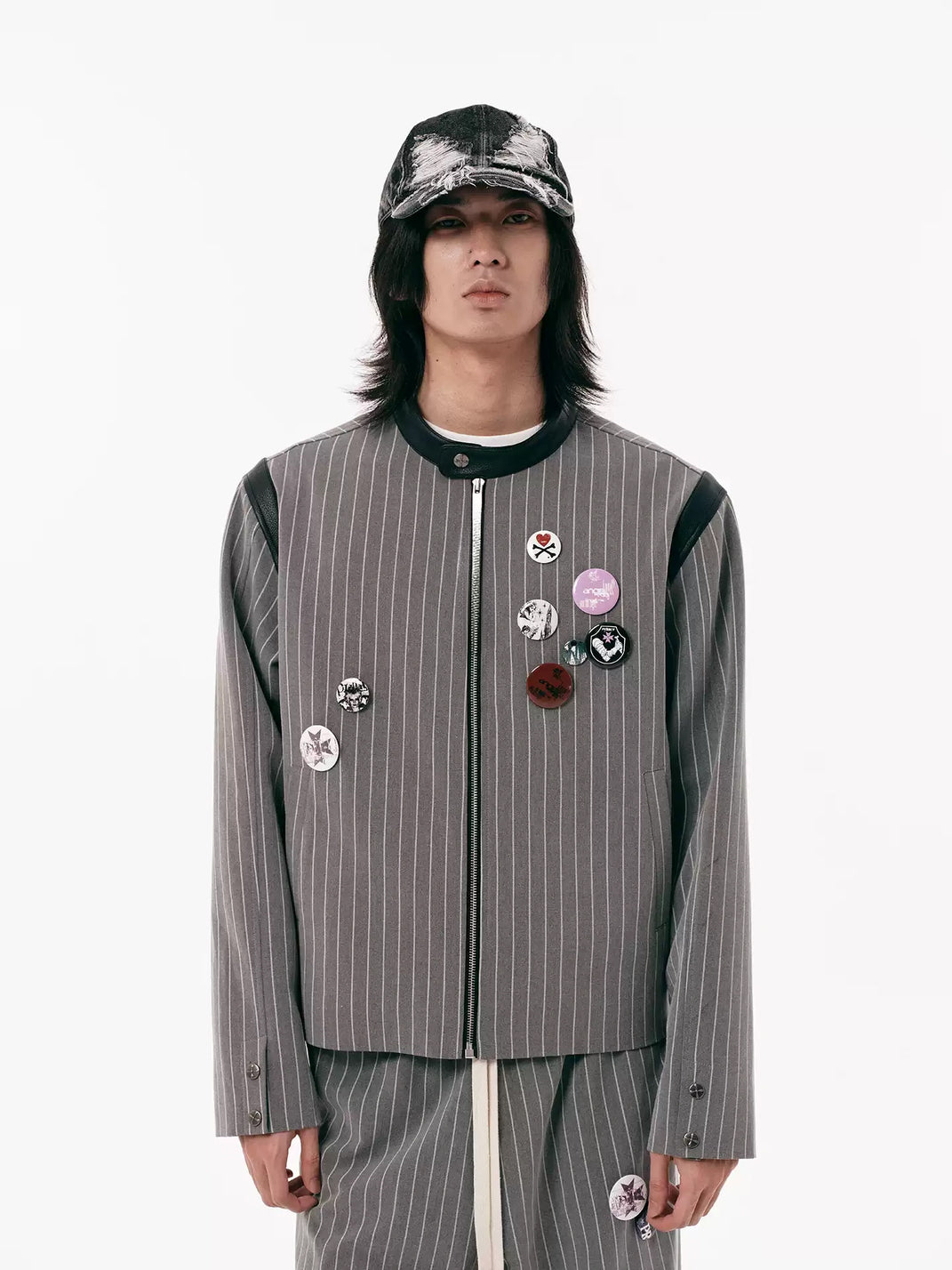 Pinstripe Badge Embroidered Cropped Zip Jacket - front view