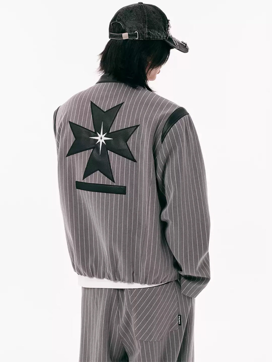 Pinstripe Badge Embroidered Cropped Zip Jacket - product view 4