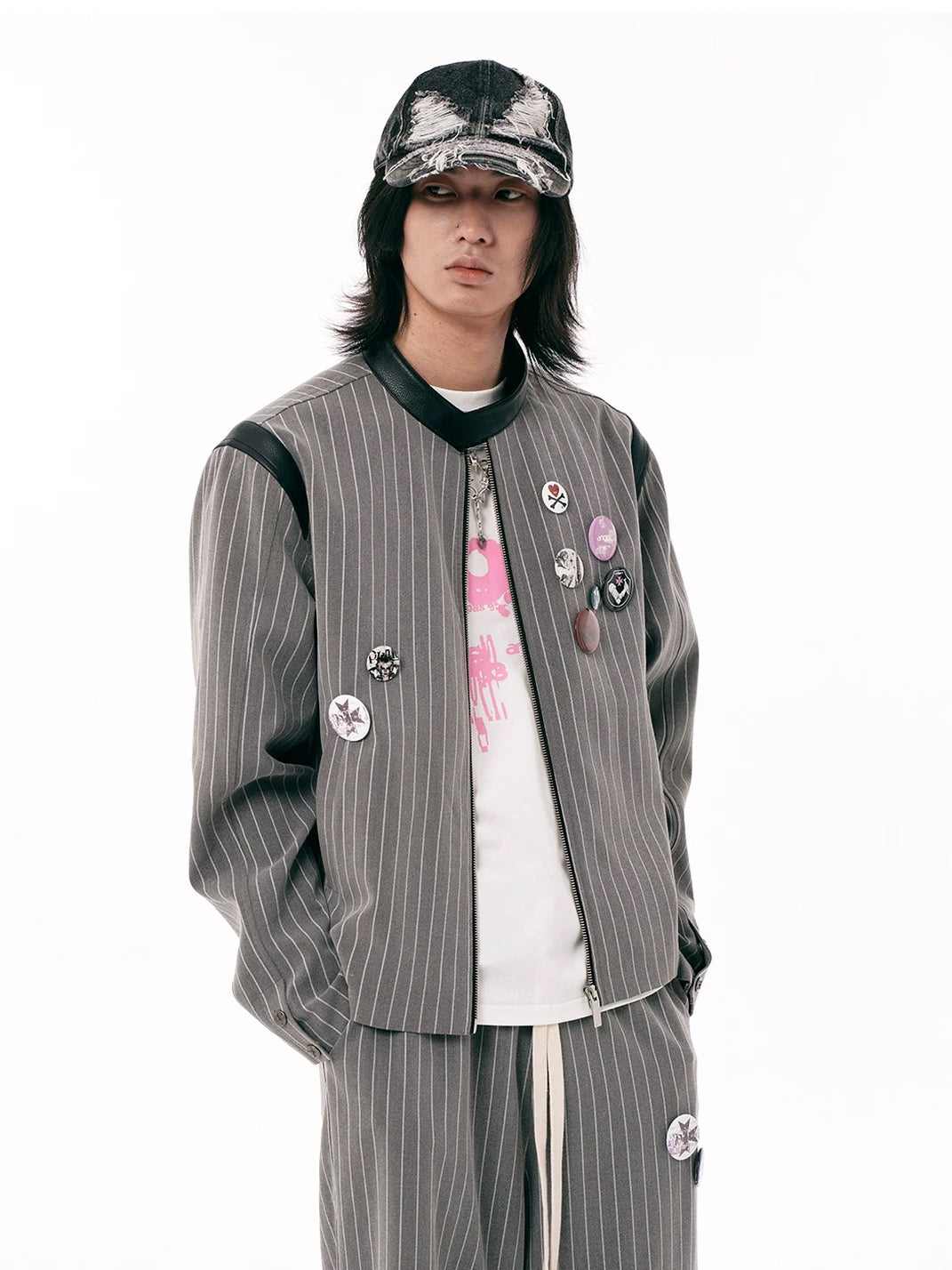 Pinstripe Badge Embroidered Cropped Zip Jacket - product view 5