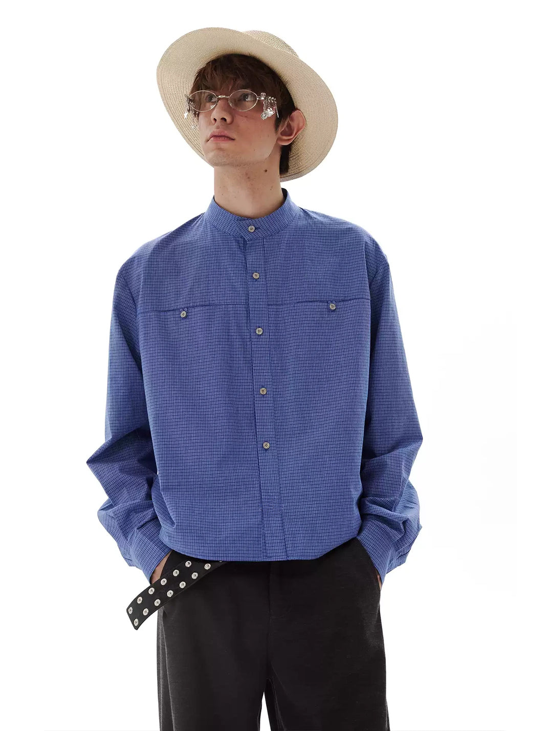 Small Check Stand Collar Cropped Pocket Shirt - view 1