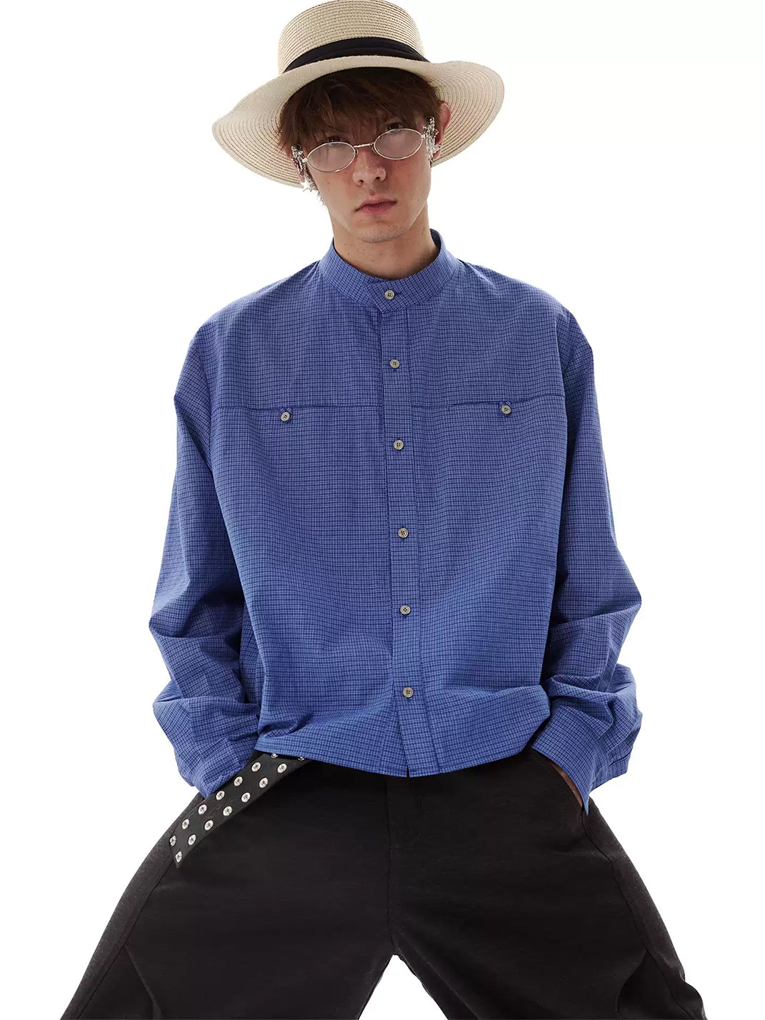 Small Check Stand Collar Cropped Pocket Shirt - view 2