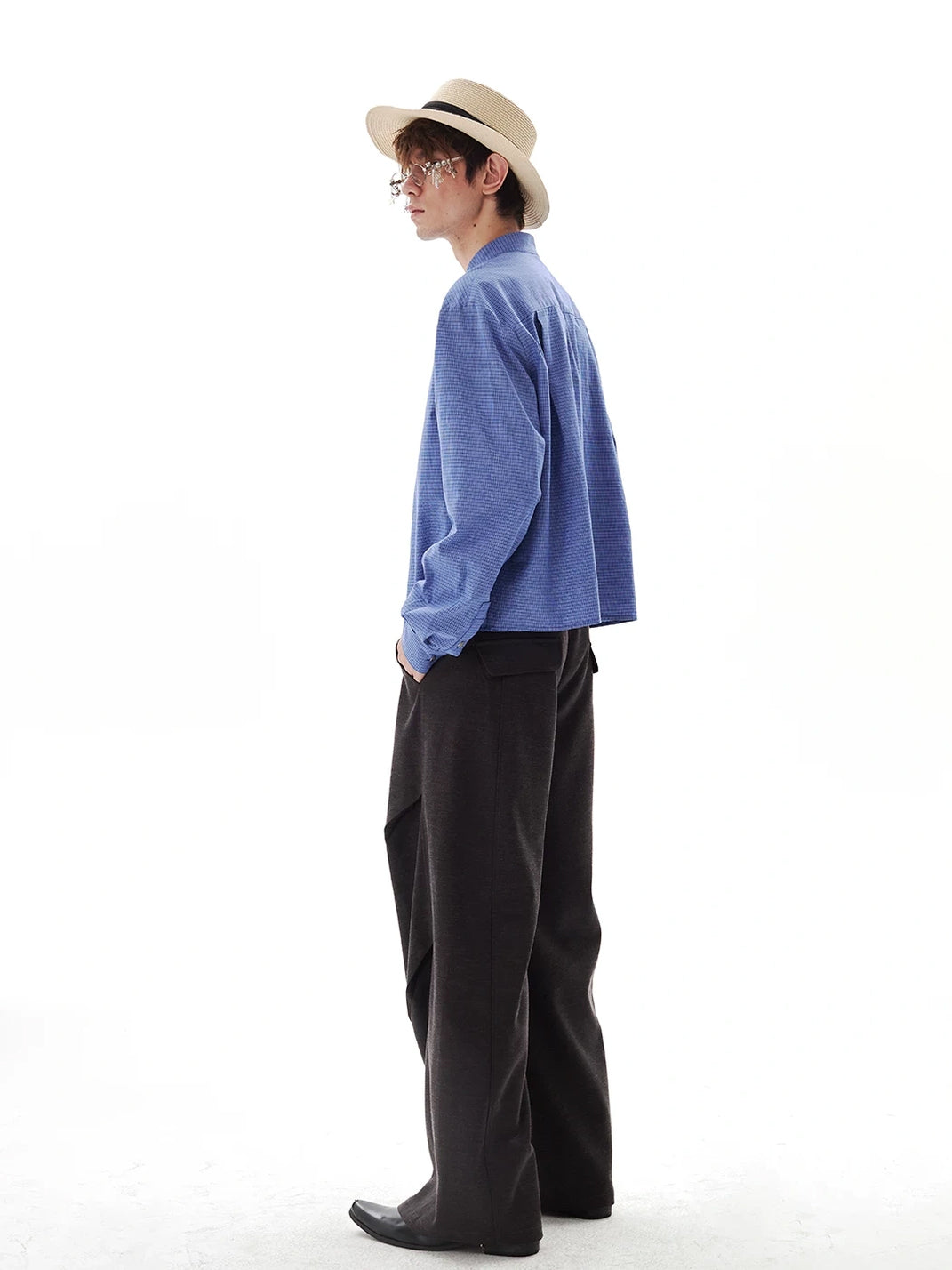 Small Check Stand Collar Cropped Pocket Shirt - view 4