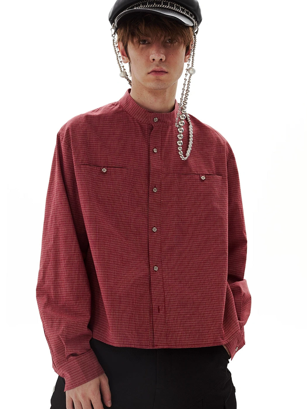 Small Check Stand Collar Cropped Pocket Shirt - view 5