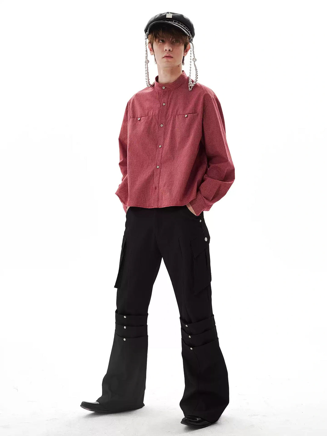Small Check Stand Collar Cropped Pocket Shirt - view 6