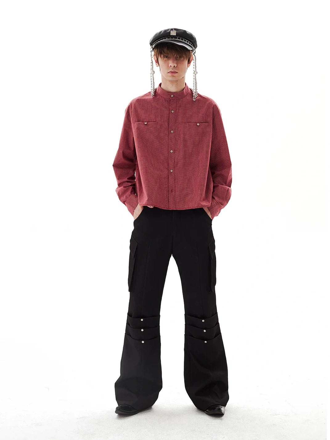 Small Check Stand Collar Cropped Pocket Shirt - view 9