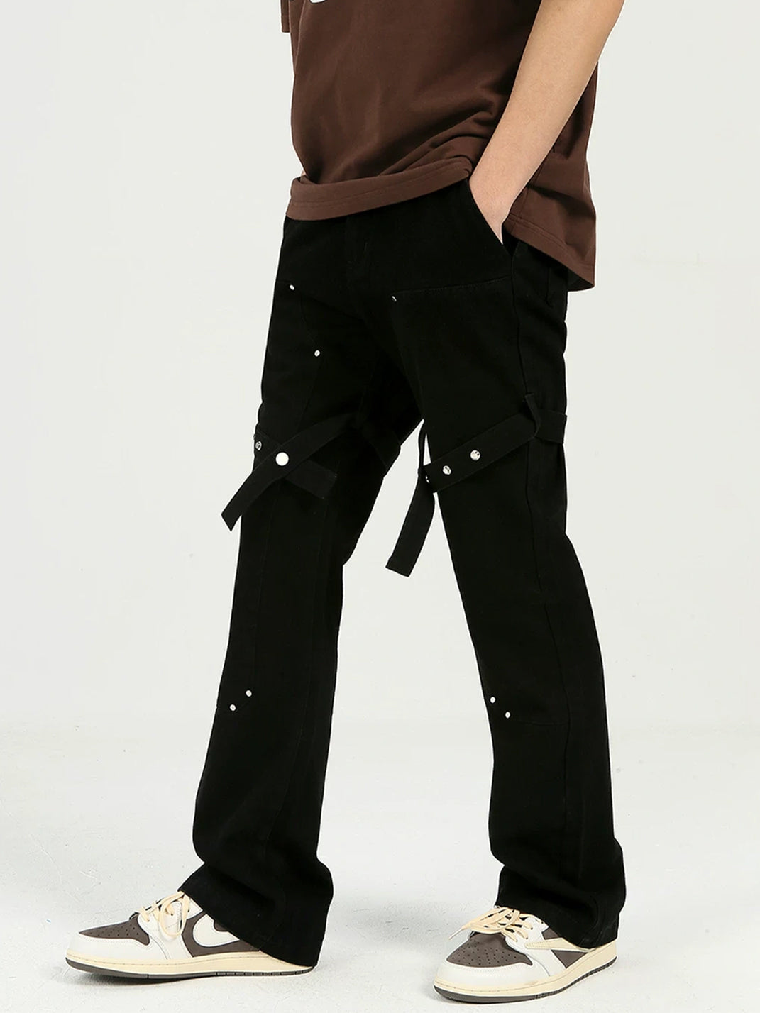 Black Cross Strap Studded Flare Jeans - product view 7