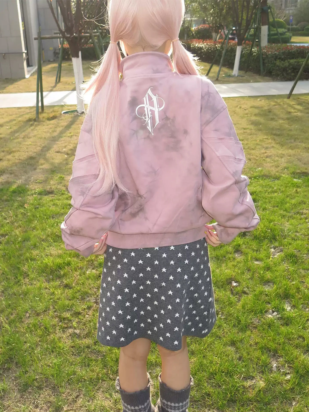 Pink Distressed Embroidered Cotton Zip Jacket - product view 10